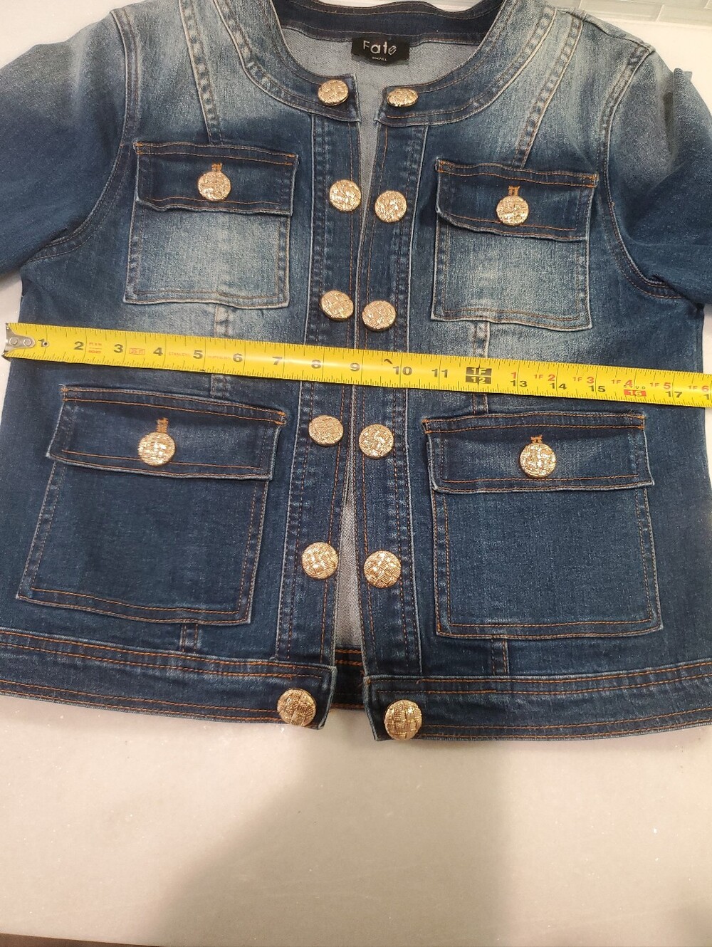 FATE Collarless Denim Jacket Gold Textured Buttons Women's Size Small - Picture 7 of 8
